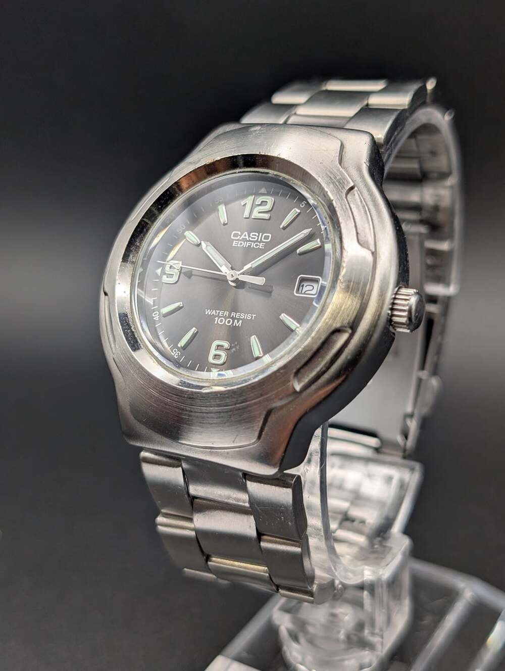Vintage Casio Edifice Silver-Tone Quartz Watch, Bold Dark Grey Sunburst Dial